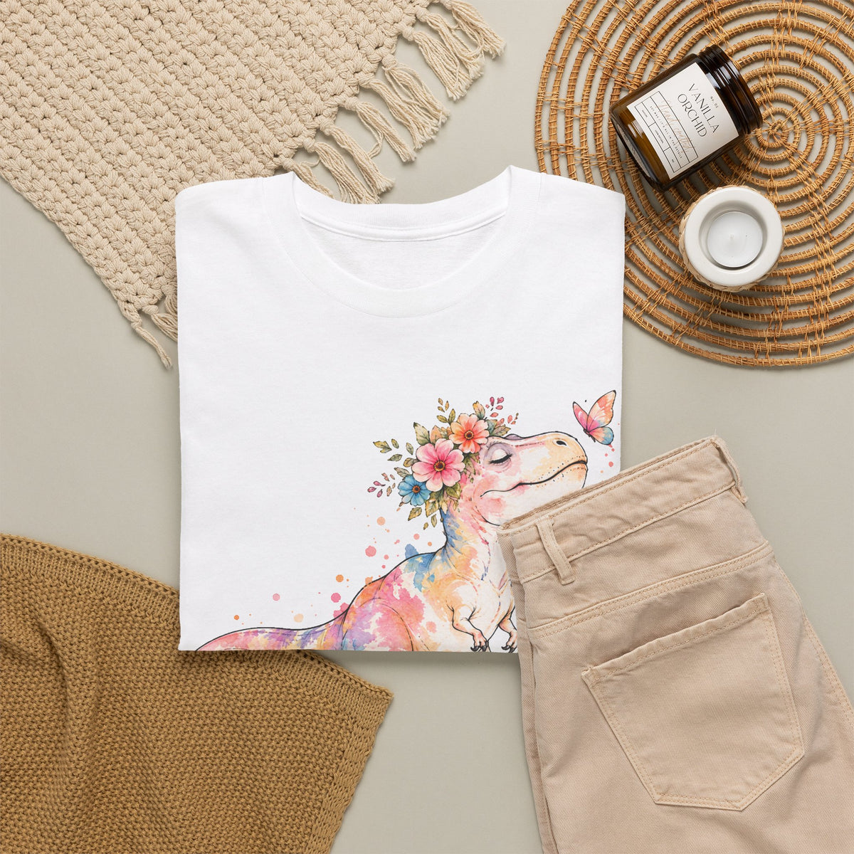 Watercolor T-Rex T-Shirt, Pastel Dinosaur Flower Crown Butterfly Graphic Tee Unisex Cute Dino Shirt