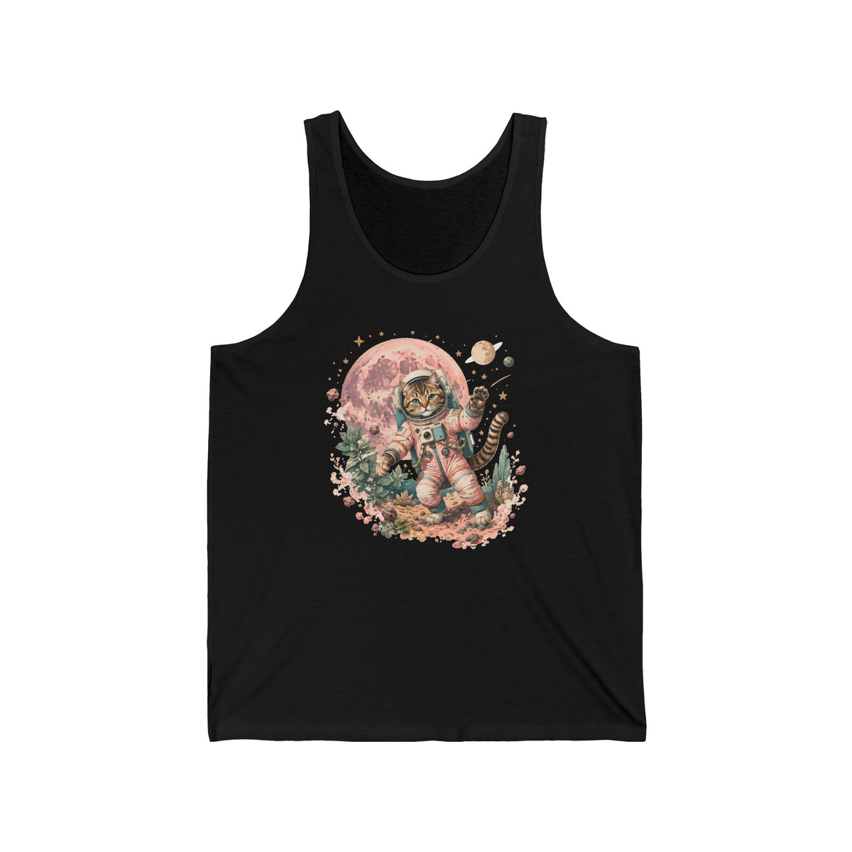 Tabby Cat Astronaut Tank Top Pastel Pink Moon Space Cat Waving Tank