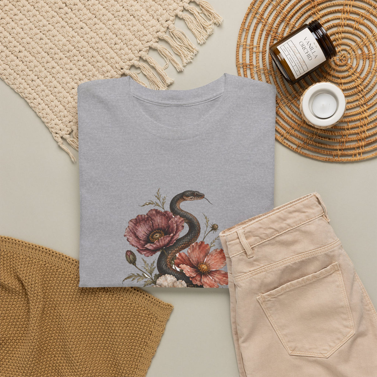 Snake and Poppies T-Shirt Vintage Botanical Serpent Flower Tattoo Style Tee