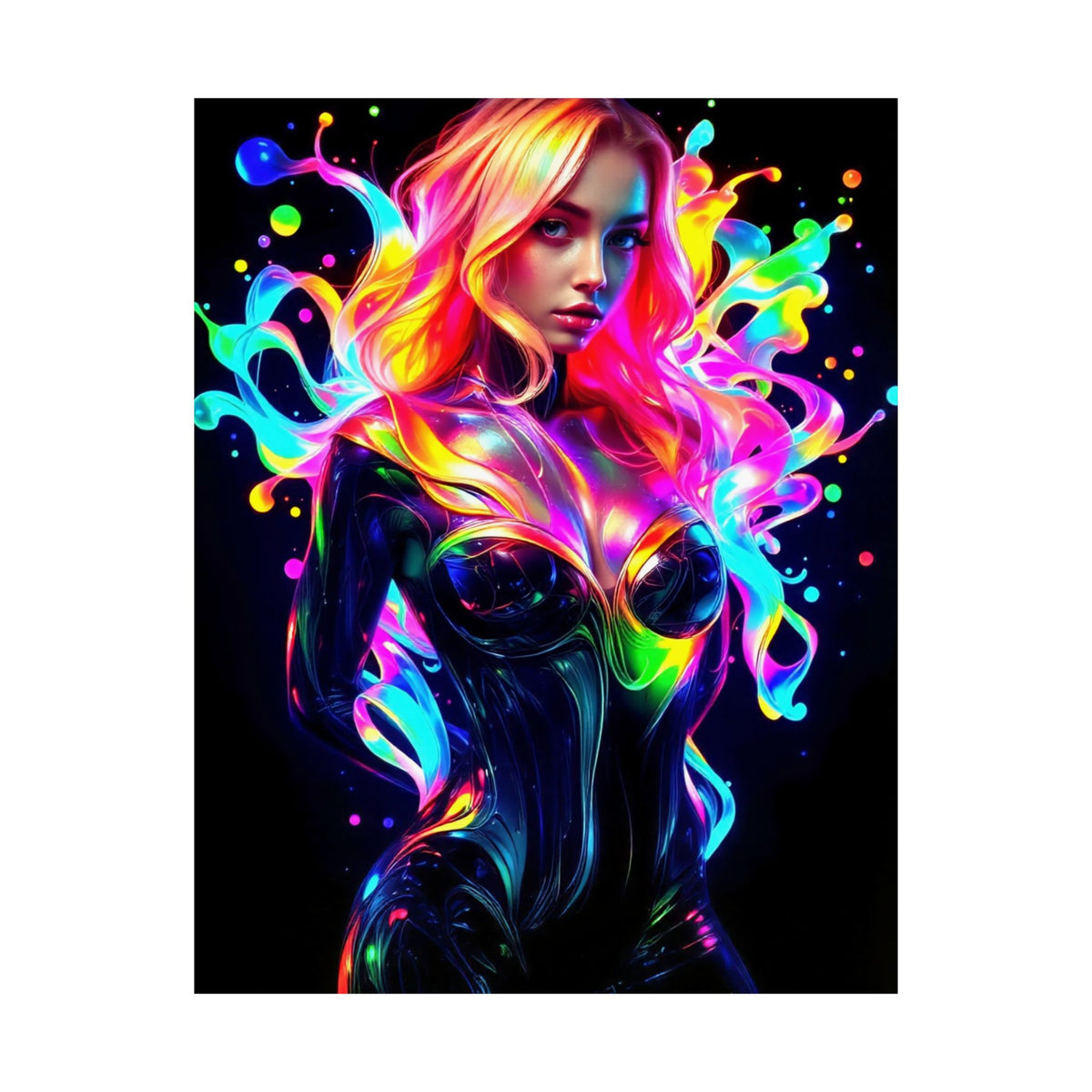 Neon Splash Rainbow Hair Woman Poster Matte Vertical Wall Art