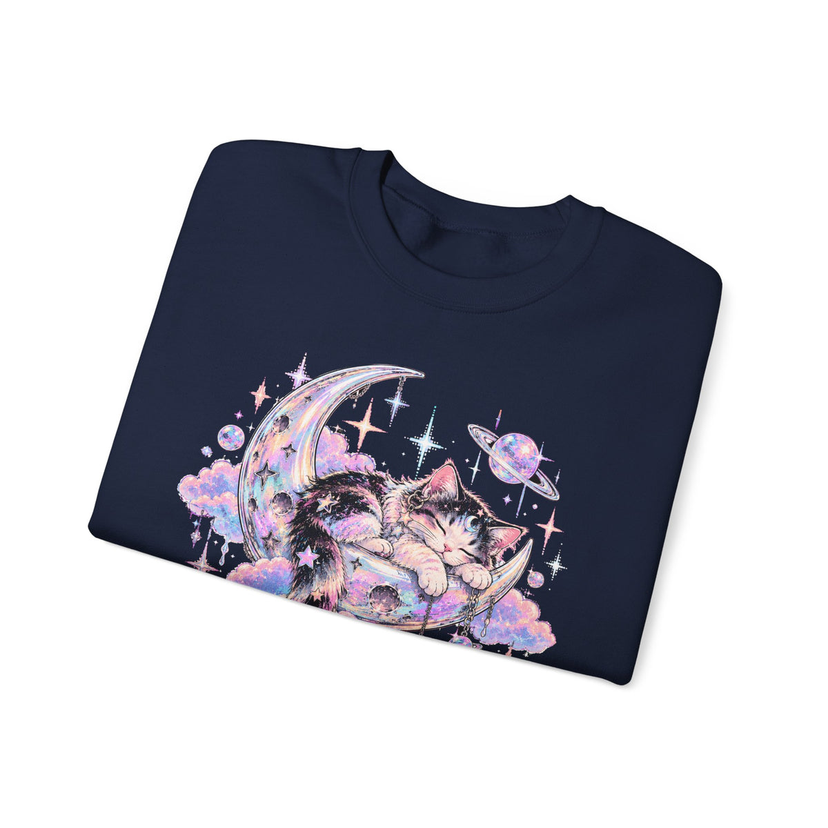 Sleeping Cat on Crescent Moon Sweatshirt Pastel Kawaii Celestial Kitten Crewneck
