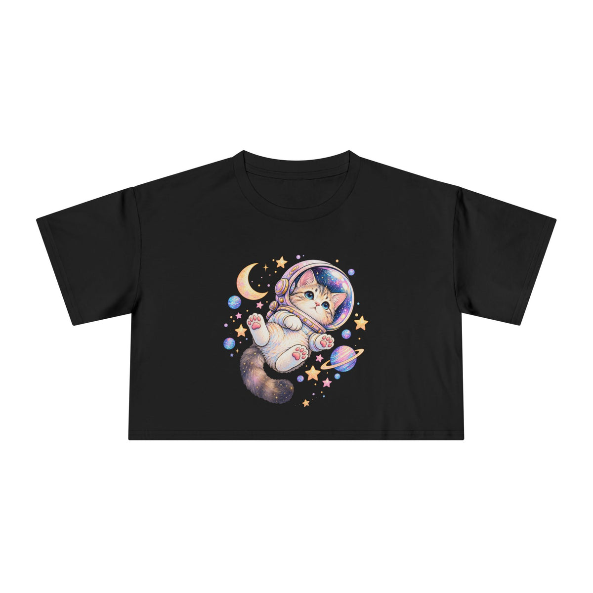 Astronaut Kitten Crop Tee, Cute Pastel Space Cat Helmet Moon Planets Stars Kawaii Women's Cropped T-Shirt