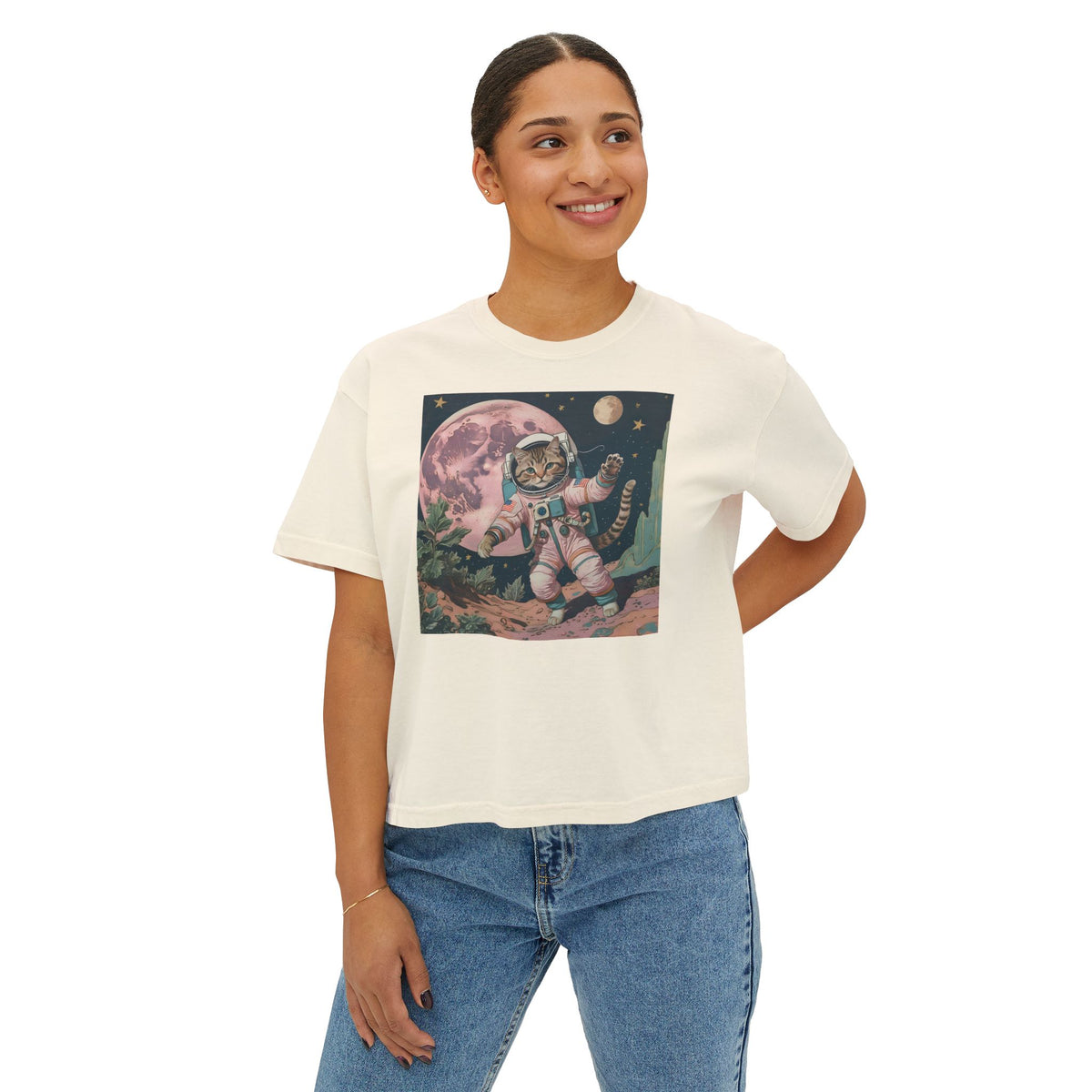 Womens Aesthetic Cats in Space T-Shirt Vintage Astronaut Cat Pink Moon Boxy Tee
