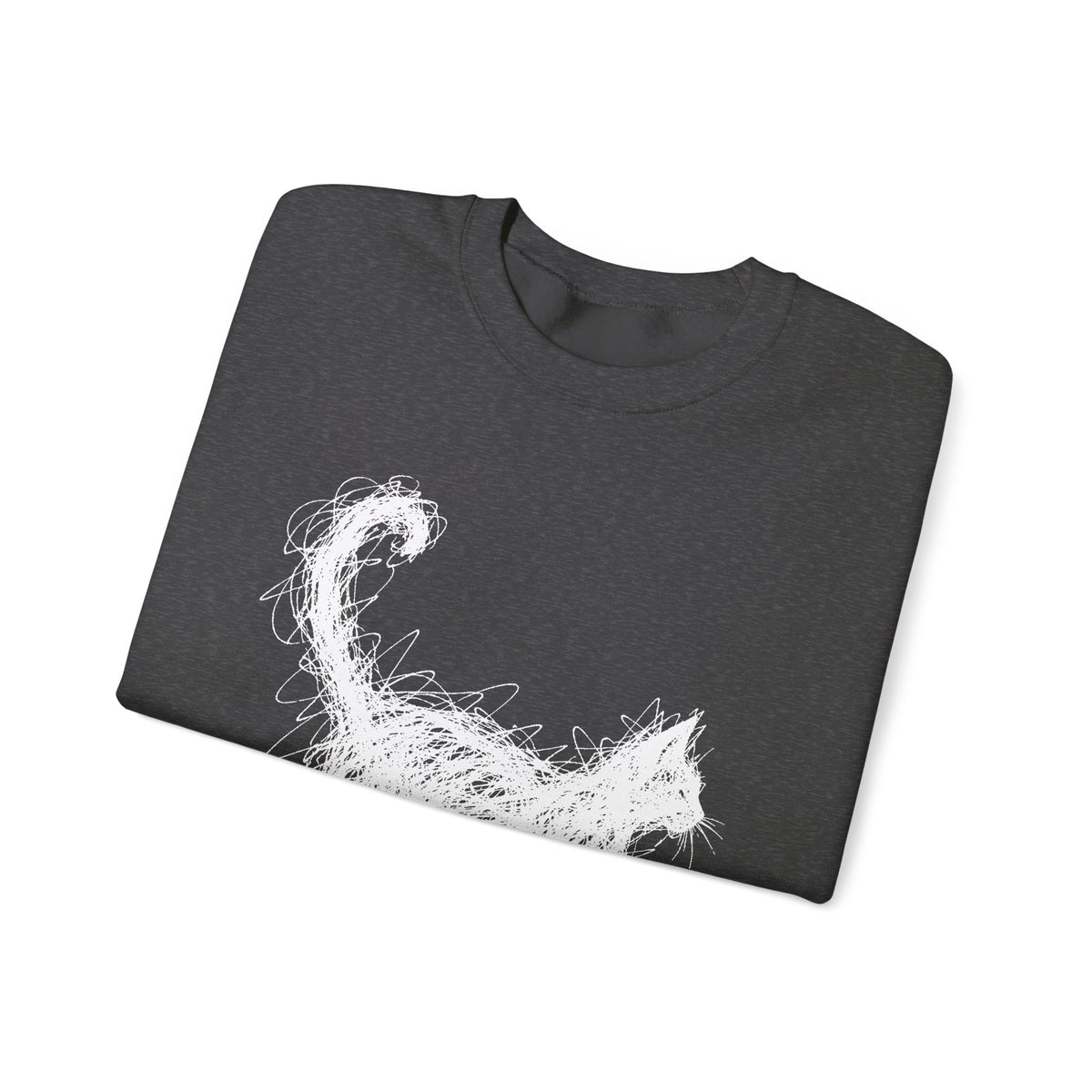 Scribble White Cat on Black Sweatshirt Minimal Line Art Cat