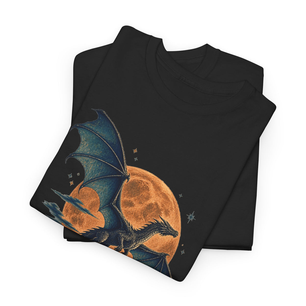 Dragon Full Moon Pine Forest T-Shirt Woodcut Fantasy Dragon Orange Moon Mountains Tee