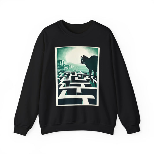 Giant Black Cat Maze Teal Crewneck Sweatshirt Unisex Graphic Pullover