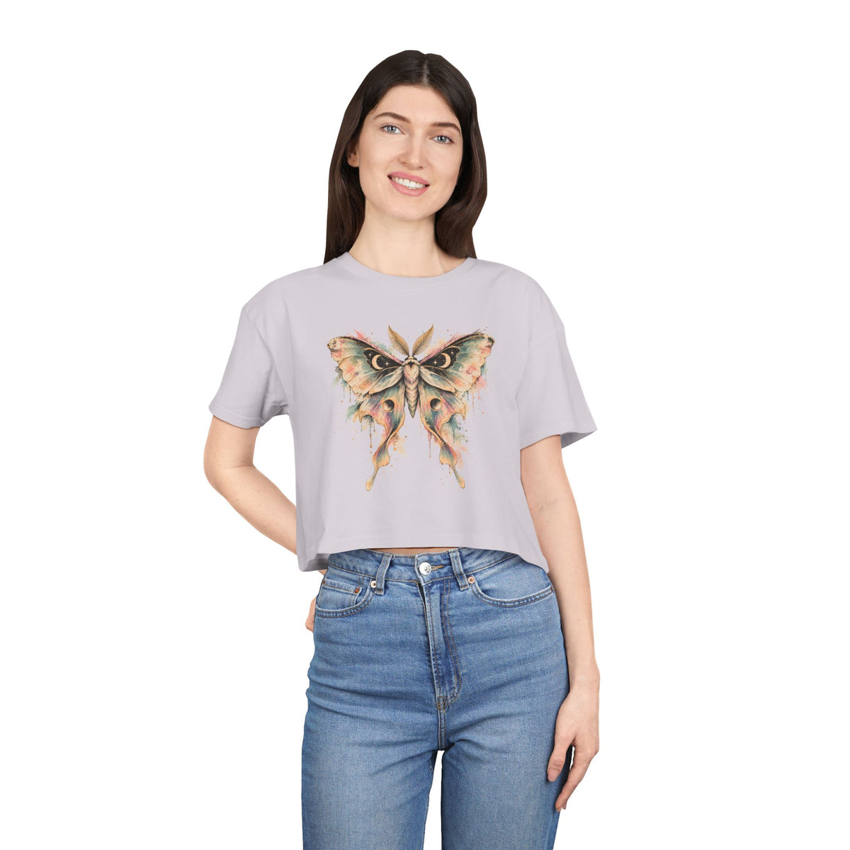 Celestial Luna Moth Crop Tee, Pastel Watercolor Moth Crescent Moon Stars Paint Drip Women's Cropped T-Shirt