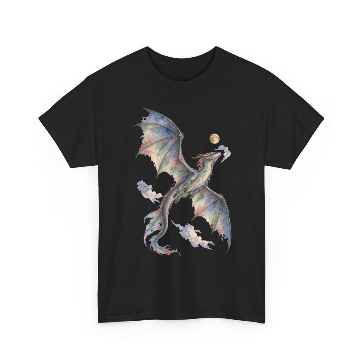 Watercolor Celestial Dragon Moon T-Shirt Fantasy Dragon Full Moon Clouds Dark Tee