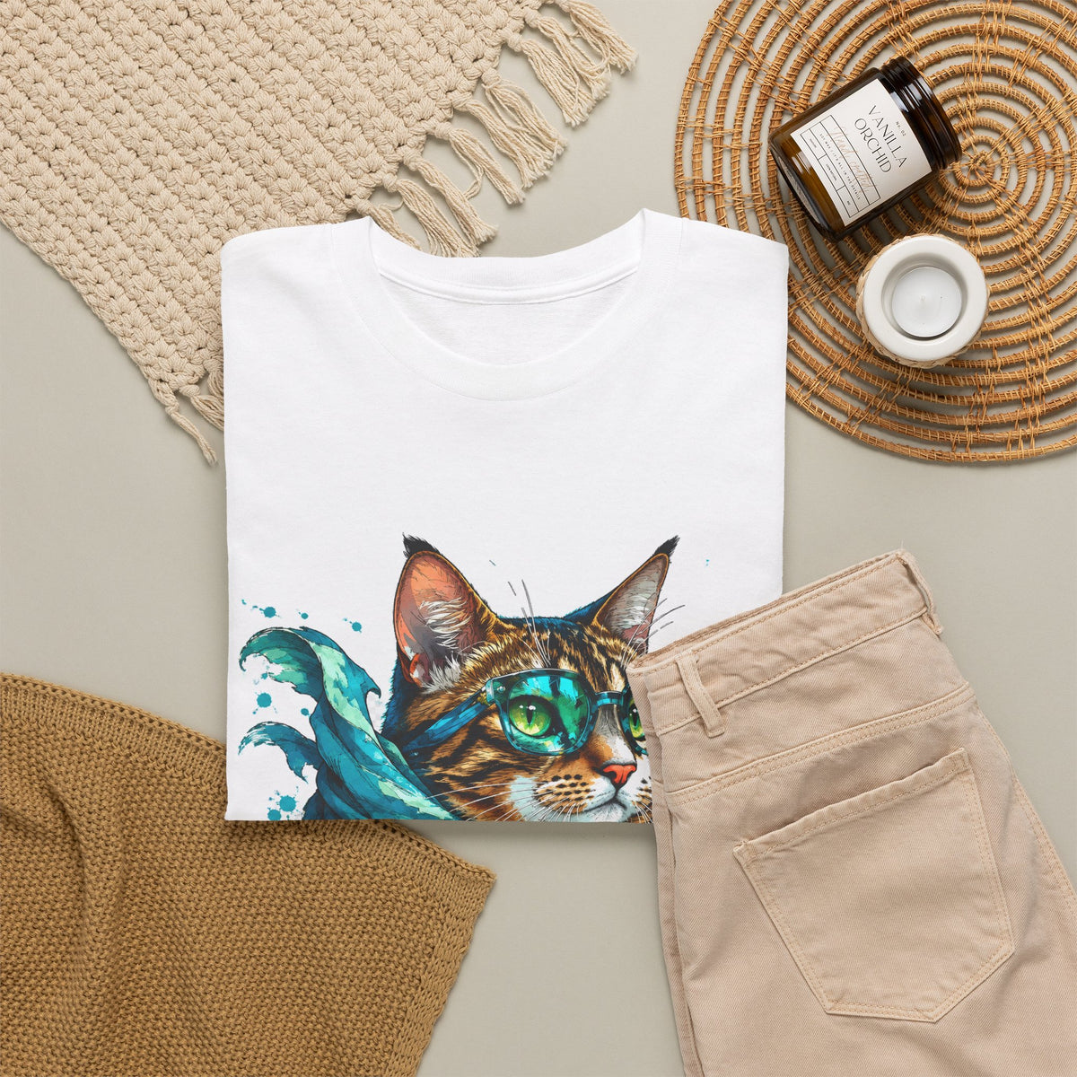 Tabby Cat in Glasses and Scarf T-Shirt Cool Hipster Cat Teal Splash Art