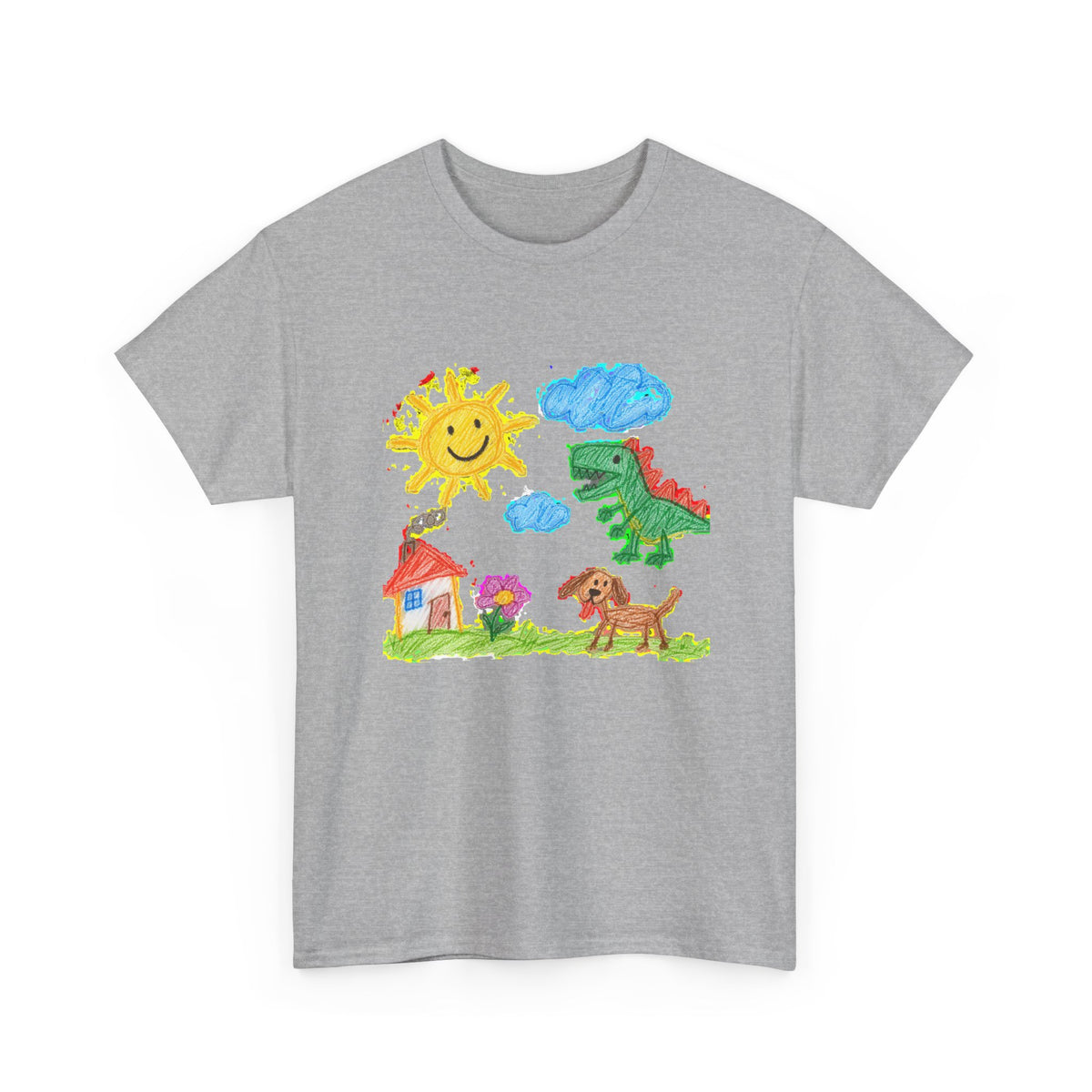 Kids Crayon Drawing T-Shirt Dinosaur Dog Sun House Cute Childlike Art Tee