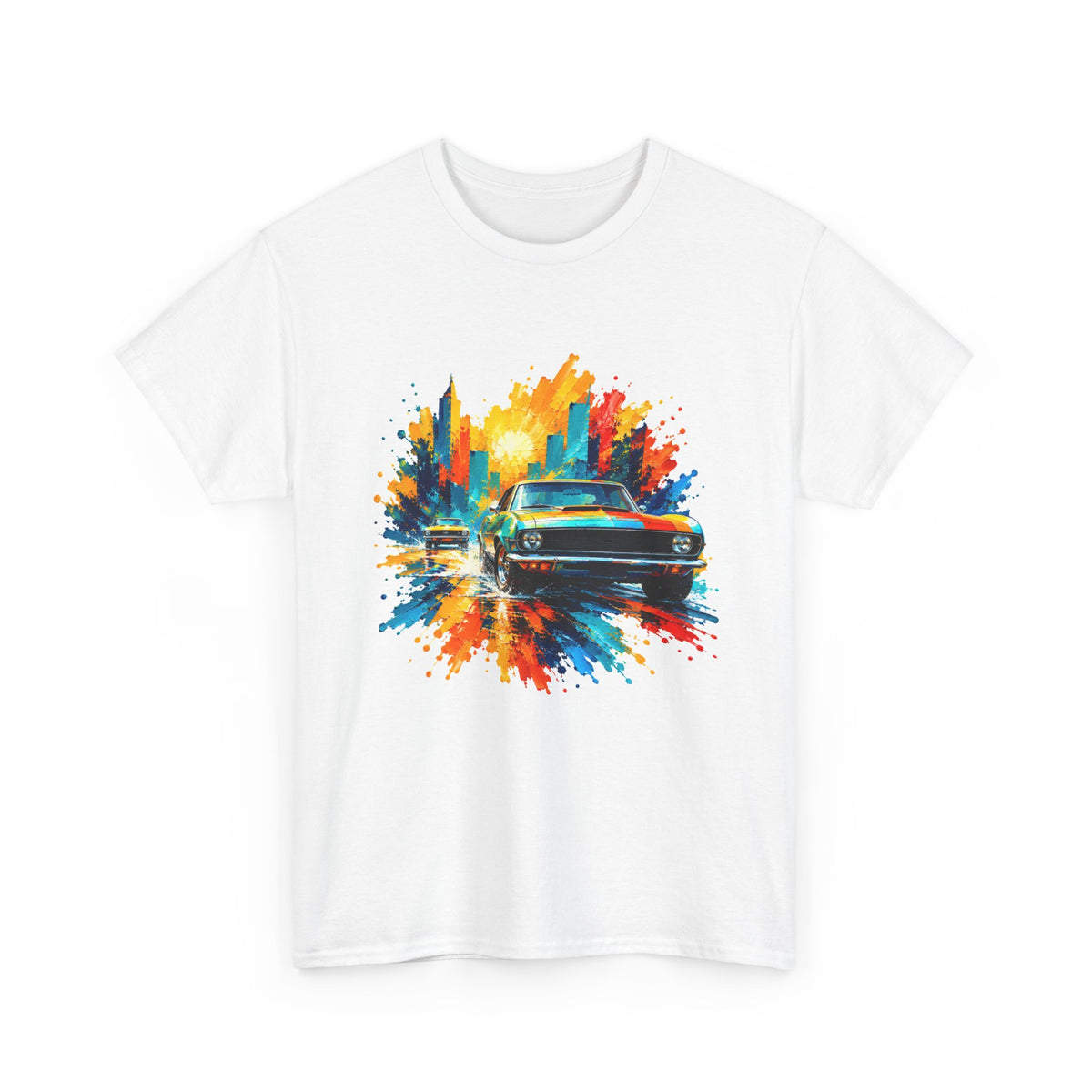 Paint Splash Muscle Car T-Shirt Colorful City Sunset Classic Car Art