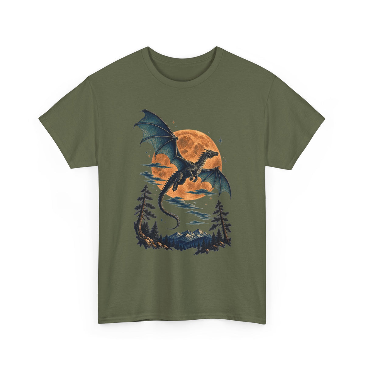 Dragon Full Moon Pine Forest T-Shirt Woodcut Fantasy Dragon Orange Moon Mountains Tee