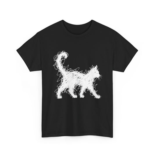 Scribble White Cat on Black T-Shirt Minimal Line Art Cat