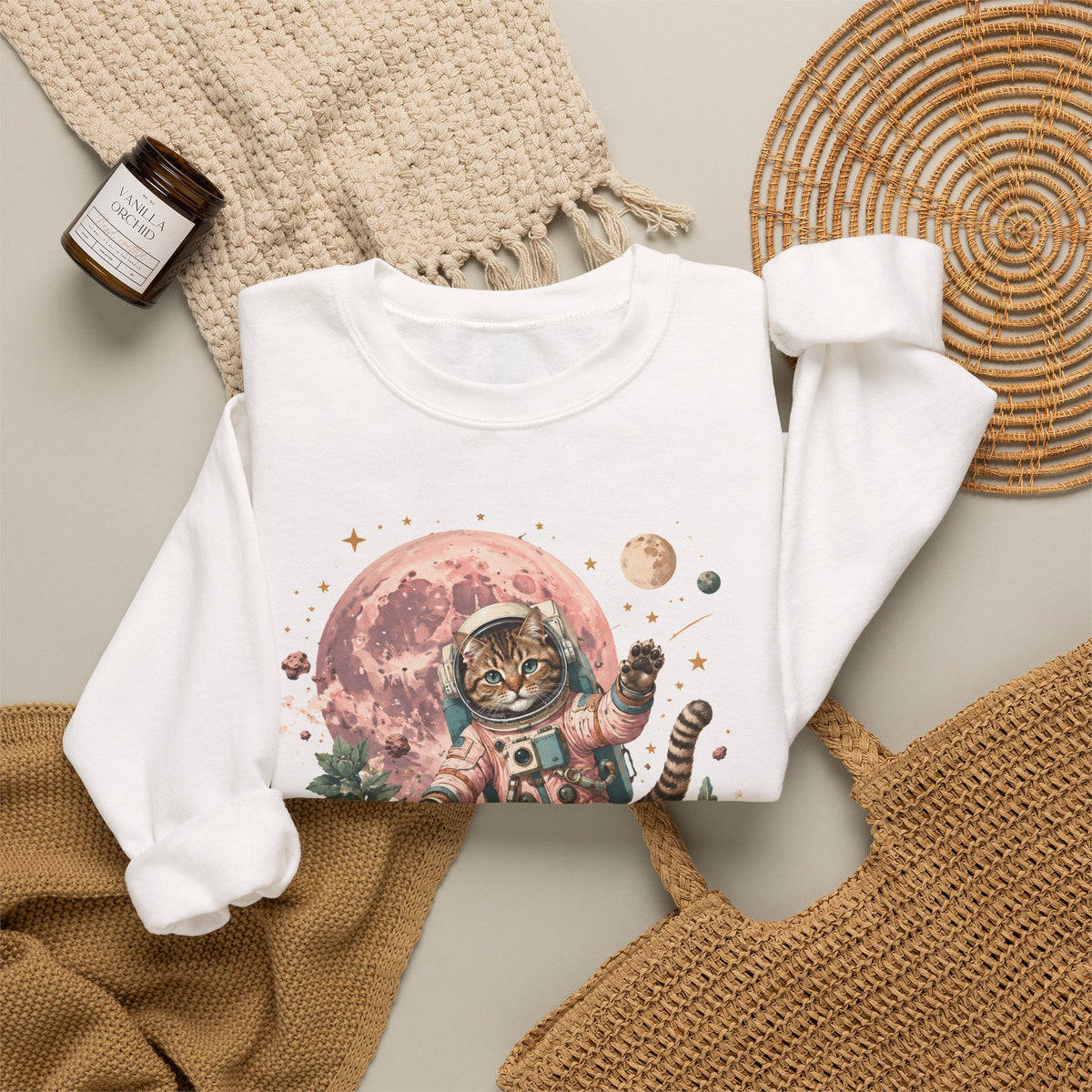 Tabby Cat Astronaut Sweatshirt Pastel Pink Moon Space Cat Waving Crewneck