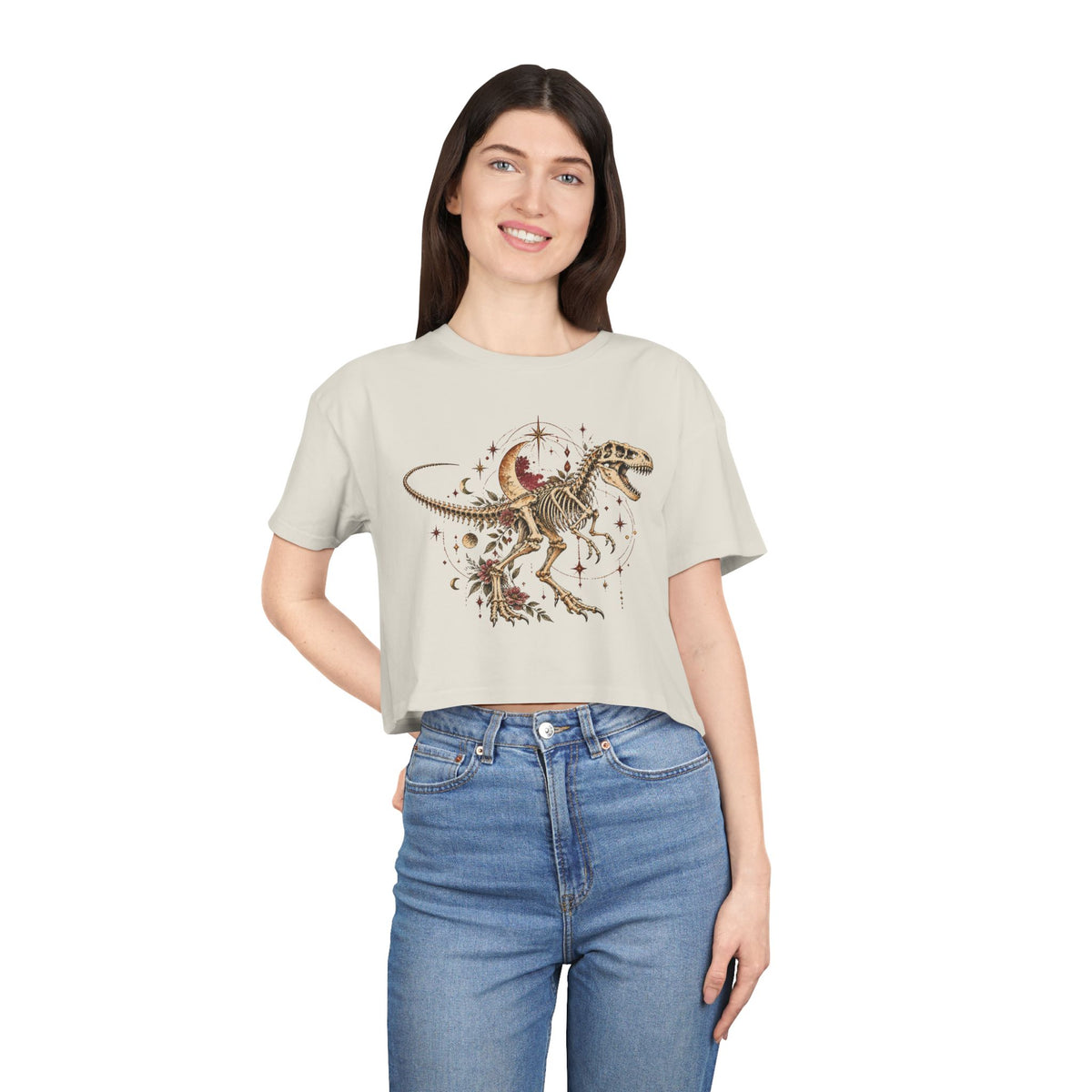 Celestial T-Rex Skeleton Crop Tee, Dark Academia Moon Stars Floral Dinosaur Women's Cropped T-Shirt