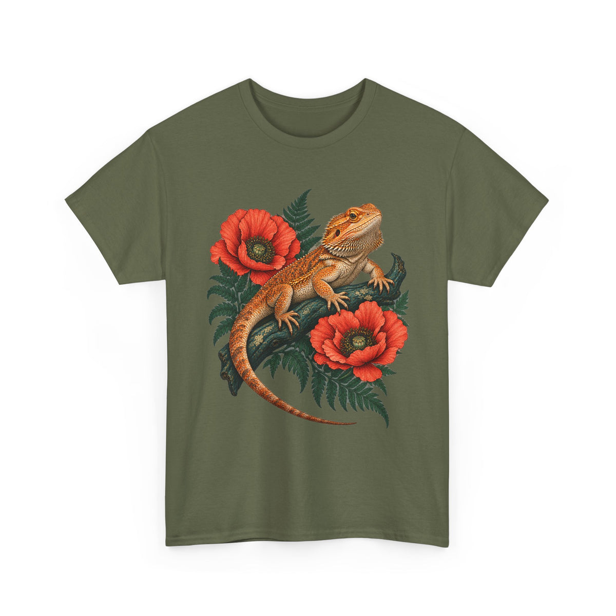 Bearded Dragon Red Poppies T-Shirt Botanical Lizard Floral Tee
