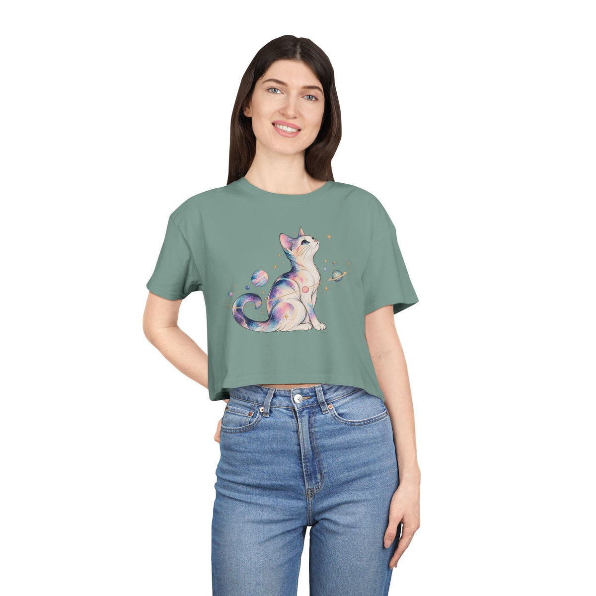 Cosmic Galaxy Cat Crop Tee, Pastel Watercolor Cat Planets Gold Stars Celestial Women's Cropped T-Shirt