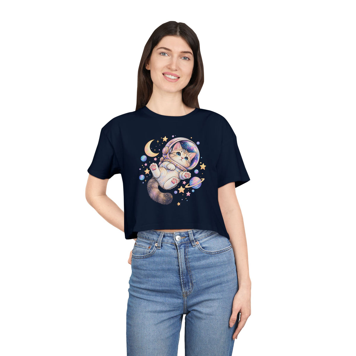 Astronaut Kitten Crop Tee, Cute Pastel Space Cat Helmet Moon Planets Stars Kawaii Women's Cropped T-Shirt