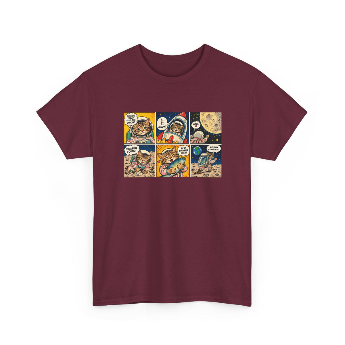 Astronaut Cat Comic T-Shirt, Space Cat Moon Mission Fish Funny Comic Strip Graphic Tee Unisex
