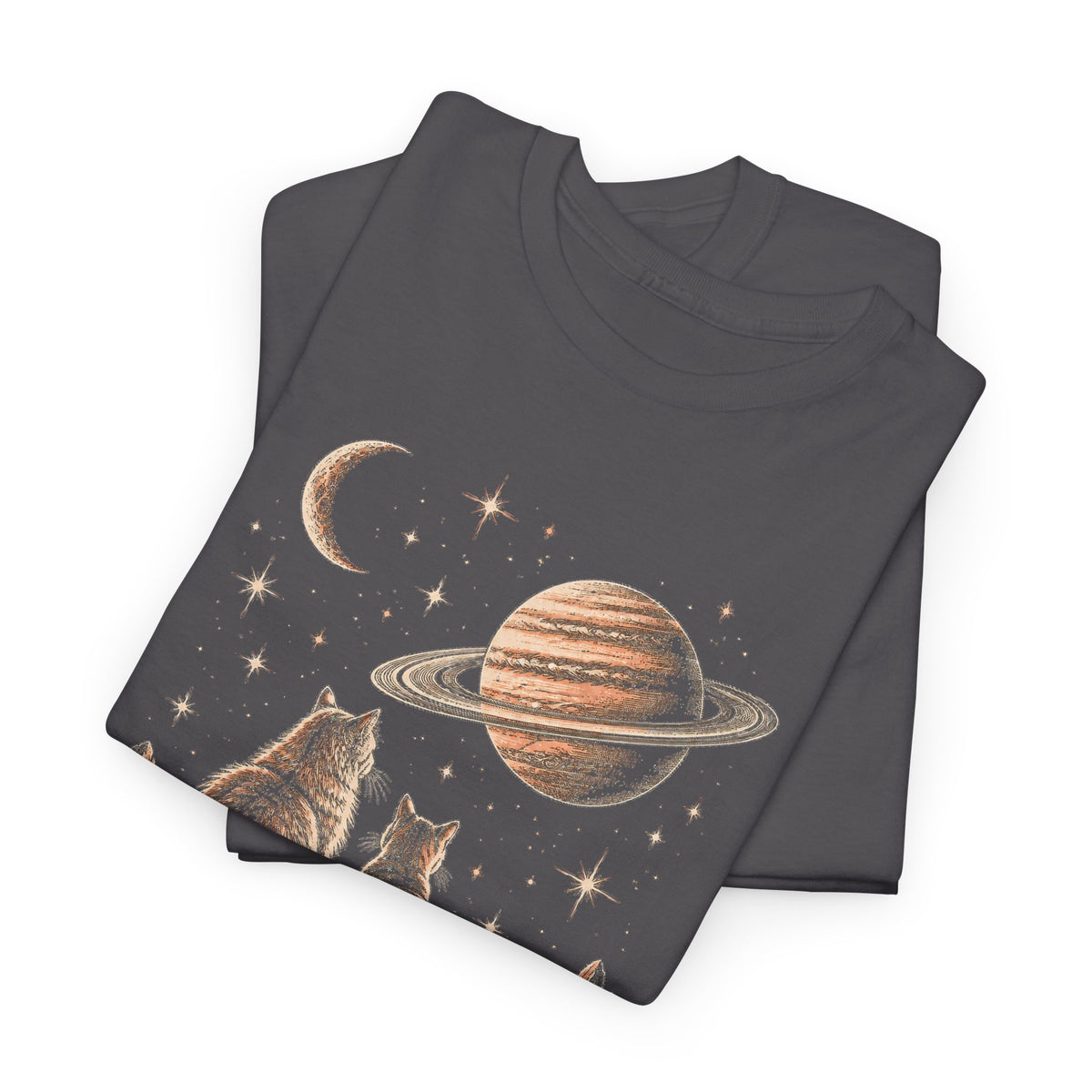 Celestial Space Cats T-Shirt Vintage Woodcut Cats Watching Stars Moon Saturn Tee