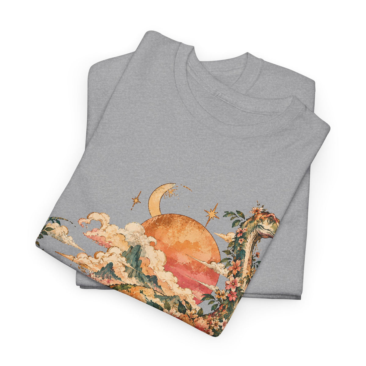 Floral Dinosaur T-Shirt, Vintage Brontosaurus Sunset Mountains Graphic Tee Unisex Nature Shirt