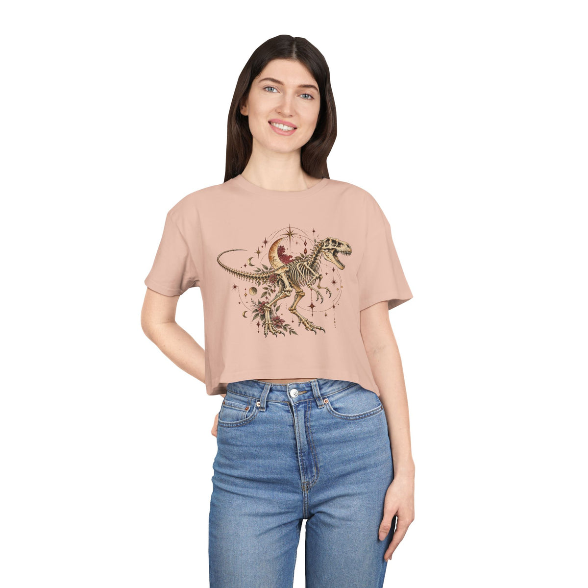 Celestial T-Rex Skeleton Crop Tee, Dark Academia Moon Stars Floral Dinosaur Women's Cropped T-Shirt
