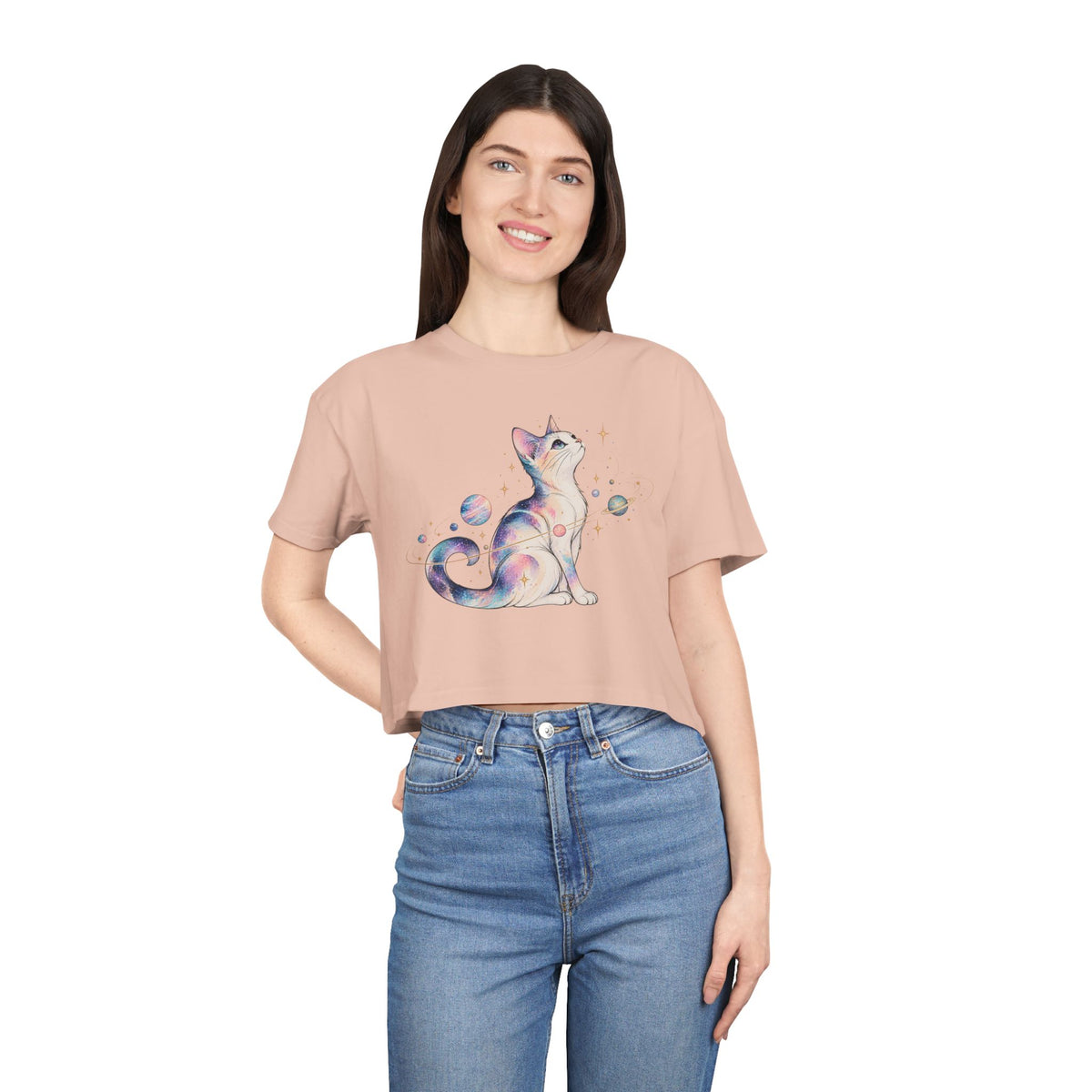 Cosmic Galaxy Cat Crop Tee, Pastel Watercolor Cat Planets Gold Stars Celestial Women's Cropped T-Shirt
