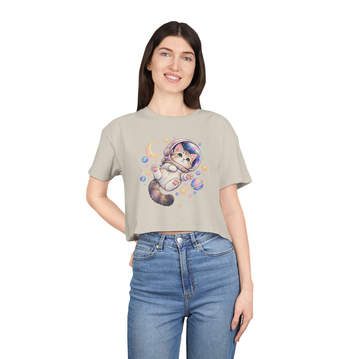 Astronaut Kitten Crop Tee, Cute Pastel Space Cat Helmet Moon Planets Stars Kawaii Women's Cropped T-Shirt