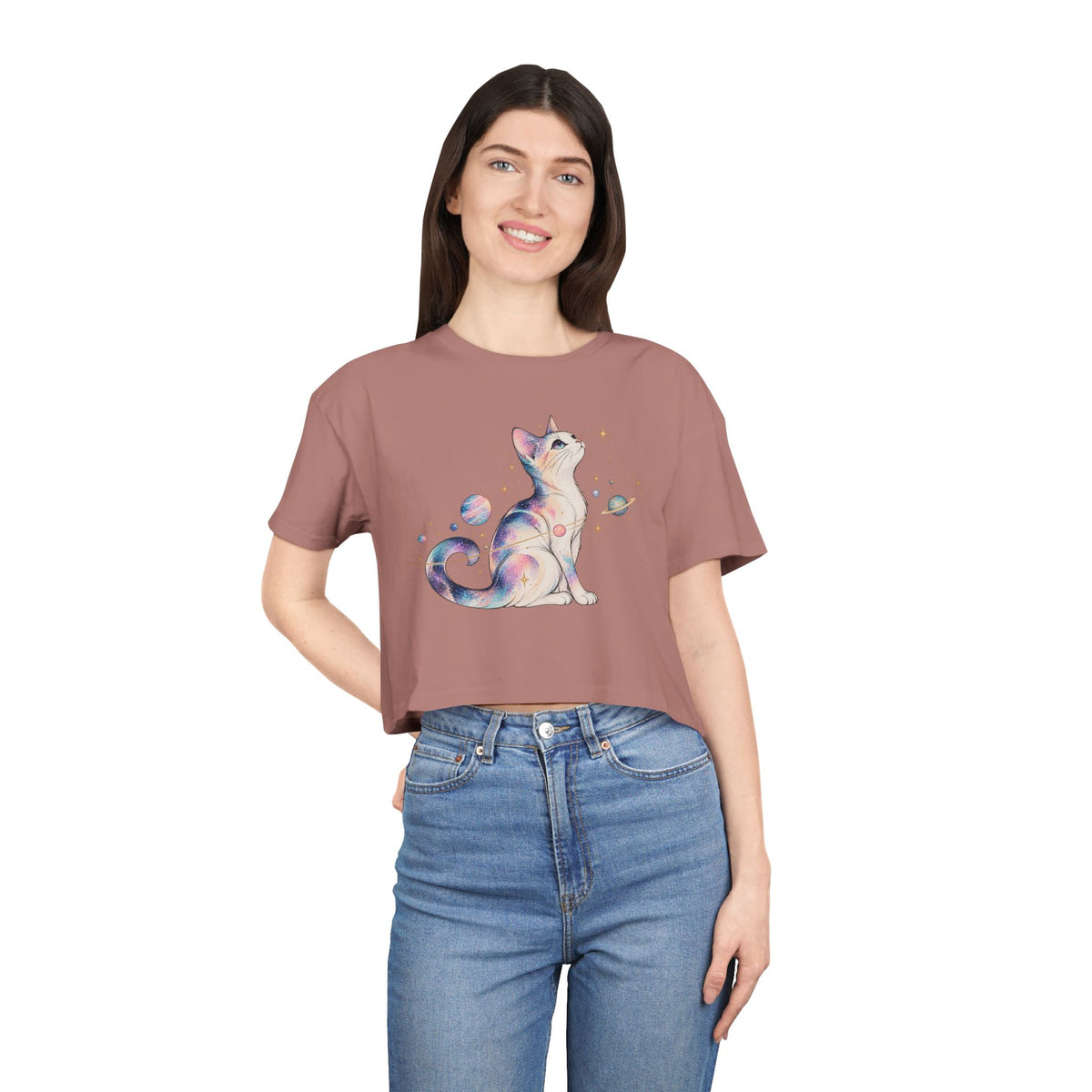 Cosmic Galaxy Cat Crop Tee, Pastel Watercolor Cat Planets Gold Stars Celestial Women's Cropped T-Shirt