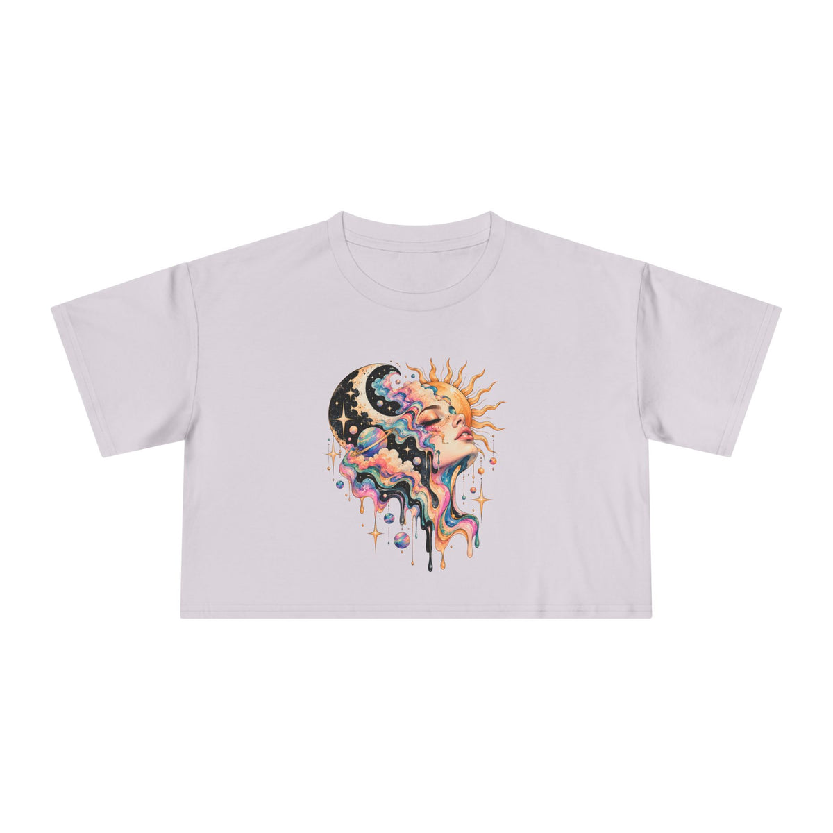 Celestial Sun and Moon Woman Crop Tee, Pastel Cloud Hair Melting Drip Planets Stars Women's Cropped T-Shirt