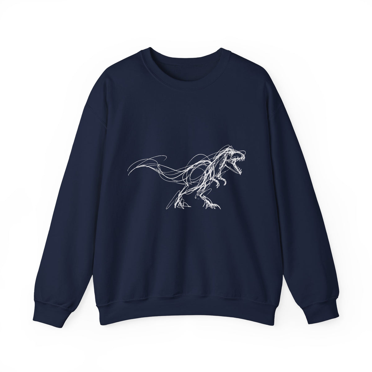 Sketchy White T-Rex on Black Sweatshirt Loose Ink Dinosaur Line Art