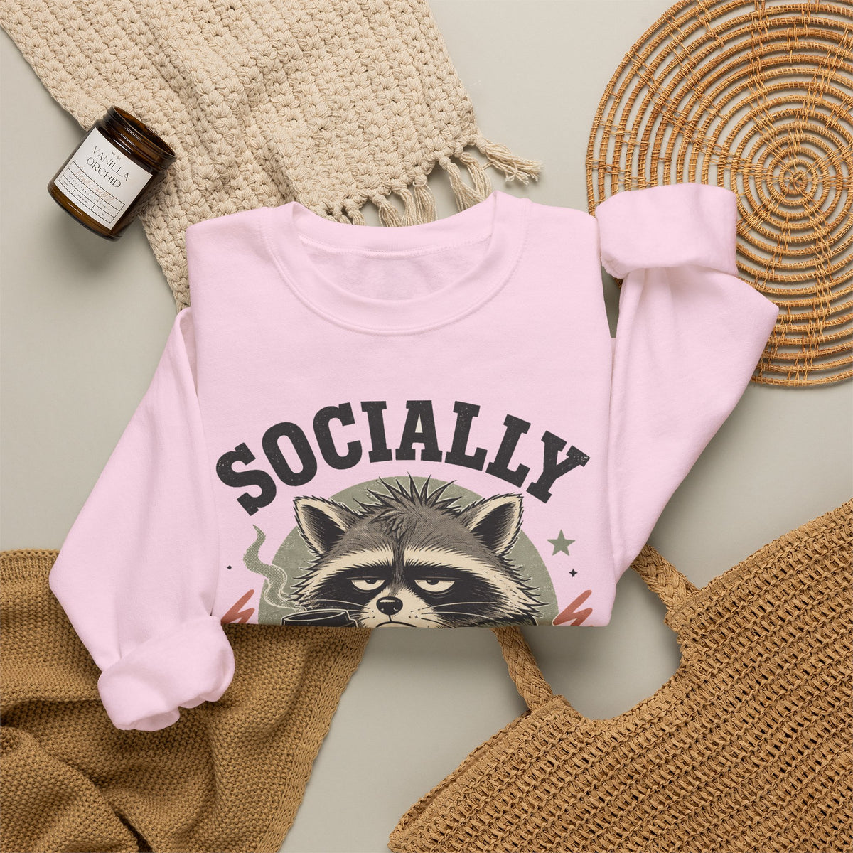 Socially Exhausted Raccoon Sweatshirt Funny Introvert Coffee