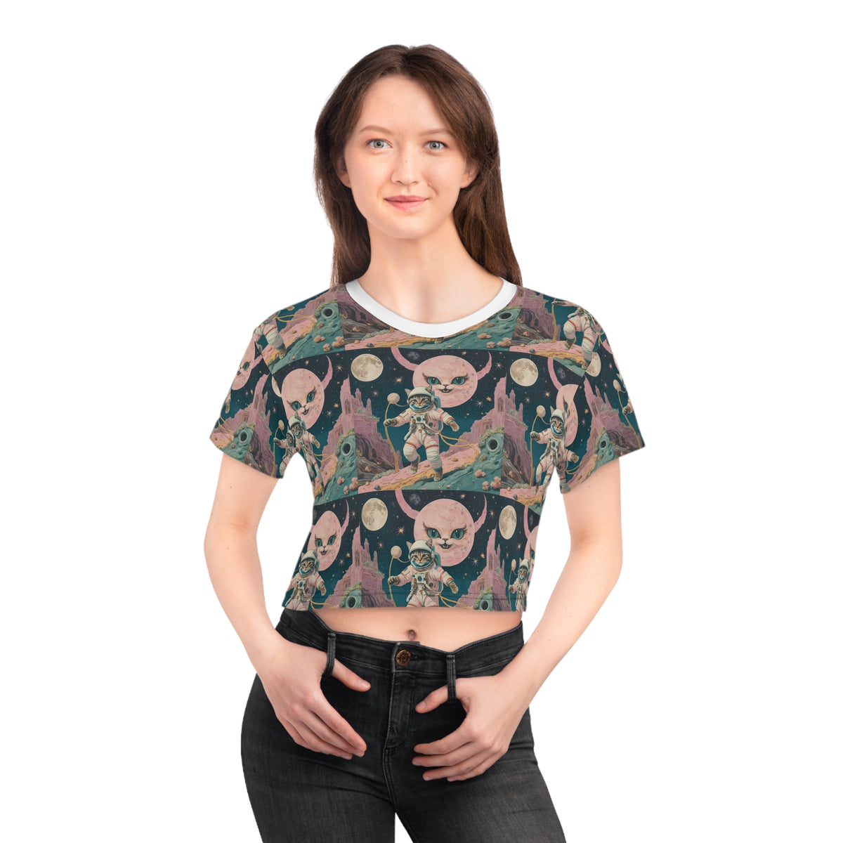 Astronaut Cat Pink Moon Face Crop Top Womens All Over Print Crop Tee