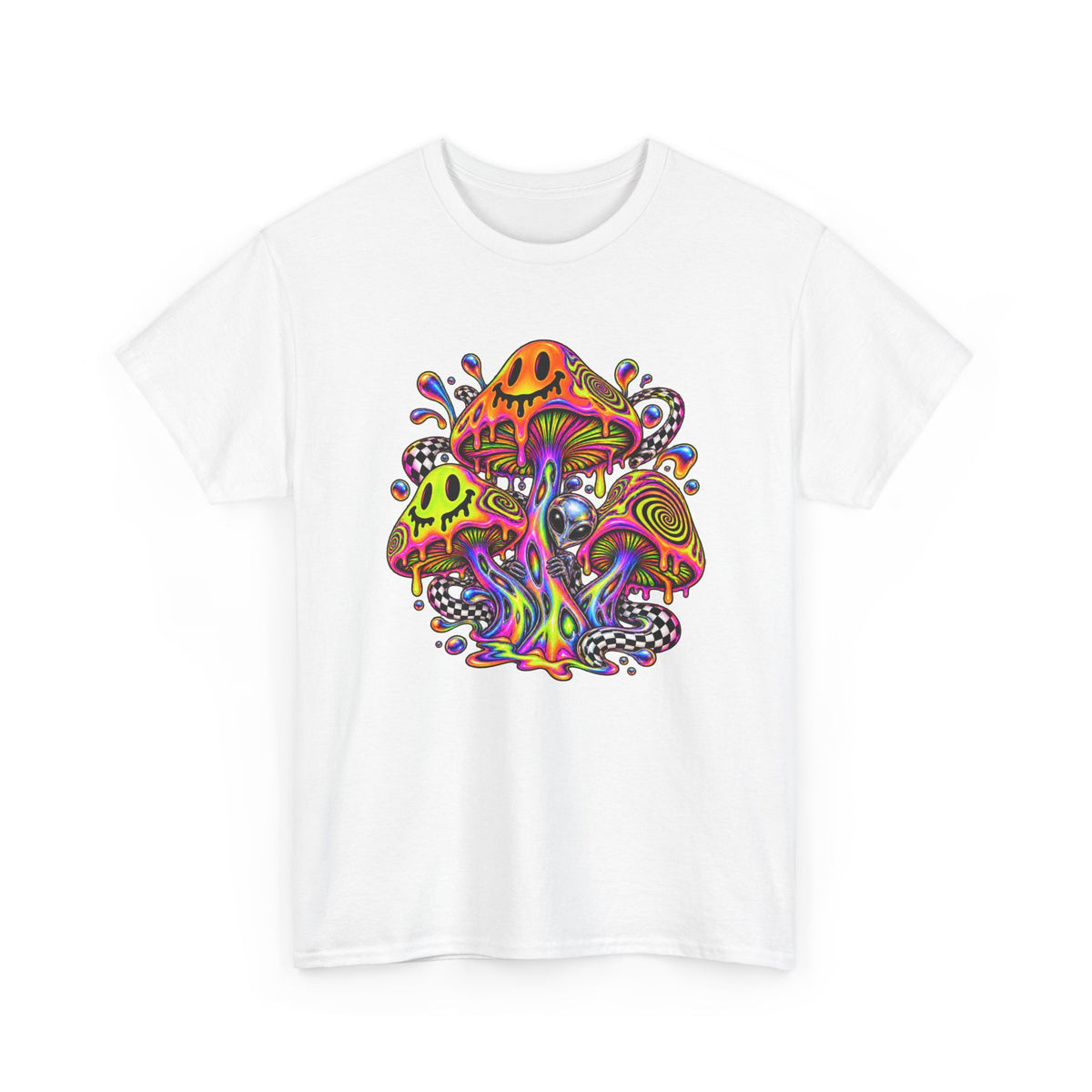 Neon Smiley Mushrooms T-Shirt Acid Alien Trippy Psychedelic Tee