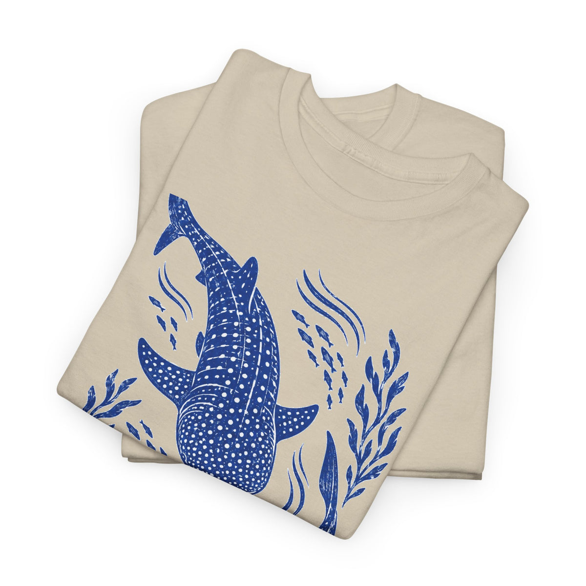 Whale Shark Linocut T-Shirt Blue Block Print Ocean Seaweed Fish Tee