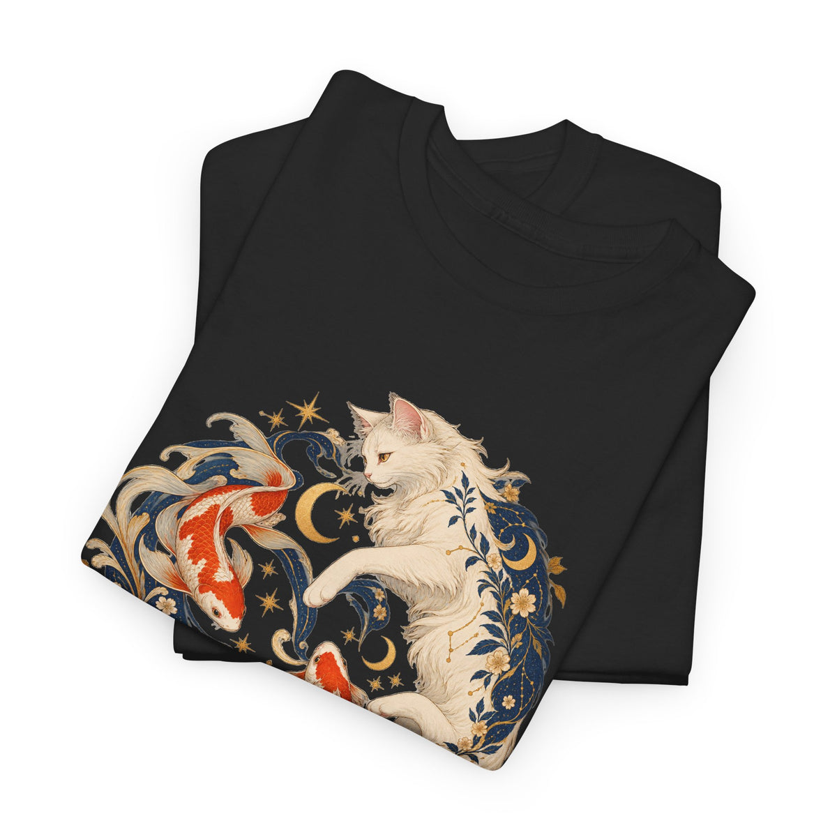 White Cat Koi Celestial T-Shirt Yin Yang Floral Cat Fish Tee