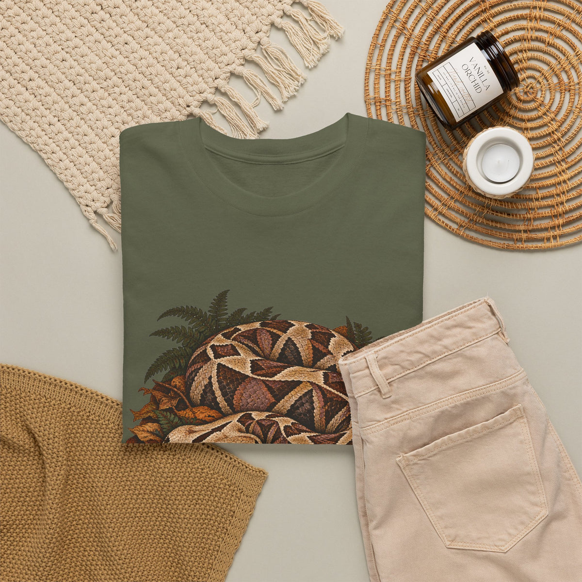Gaboon Viper Autumn Leaves T-Shirt Forest Snake Mushroom Tee