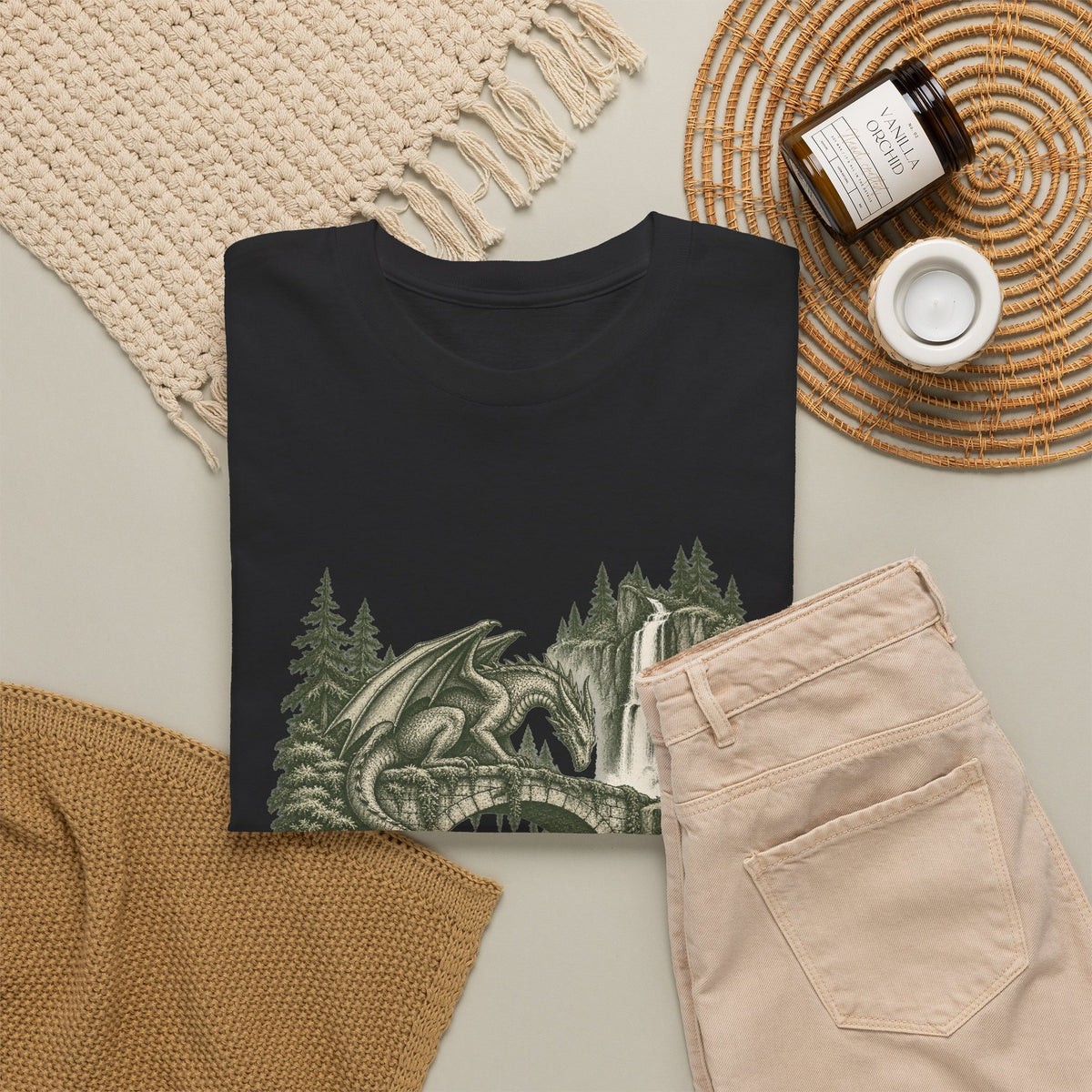 Dragon Forest Bridge T-Shirt Fantasy Waterfall Nature Dragon Tee
