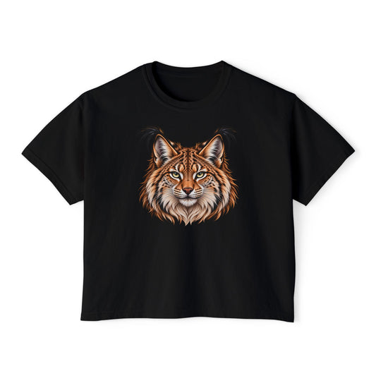 Womens Realistic Lynx Face Tee Wild Cat Lover Graphic Heavyweight Boxy T-Shirt