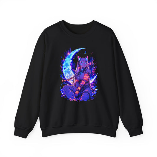 Neon Cyberpunk Cat Girl Crewneck Sweatshirt Blue Crescent Moon Anime Cat Ears Glow Art