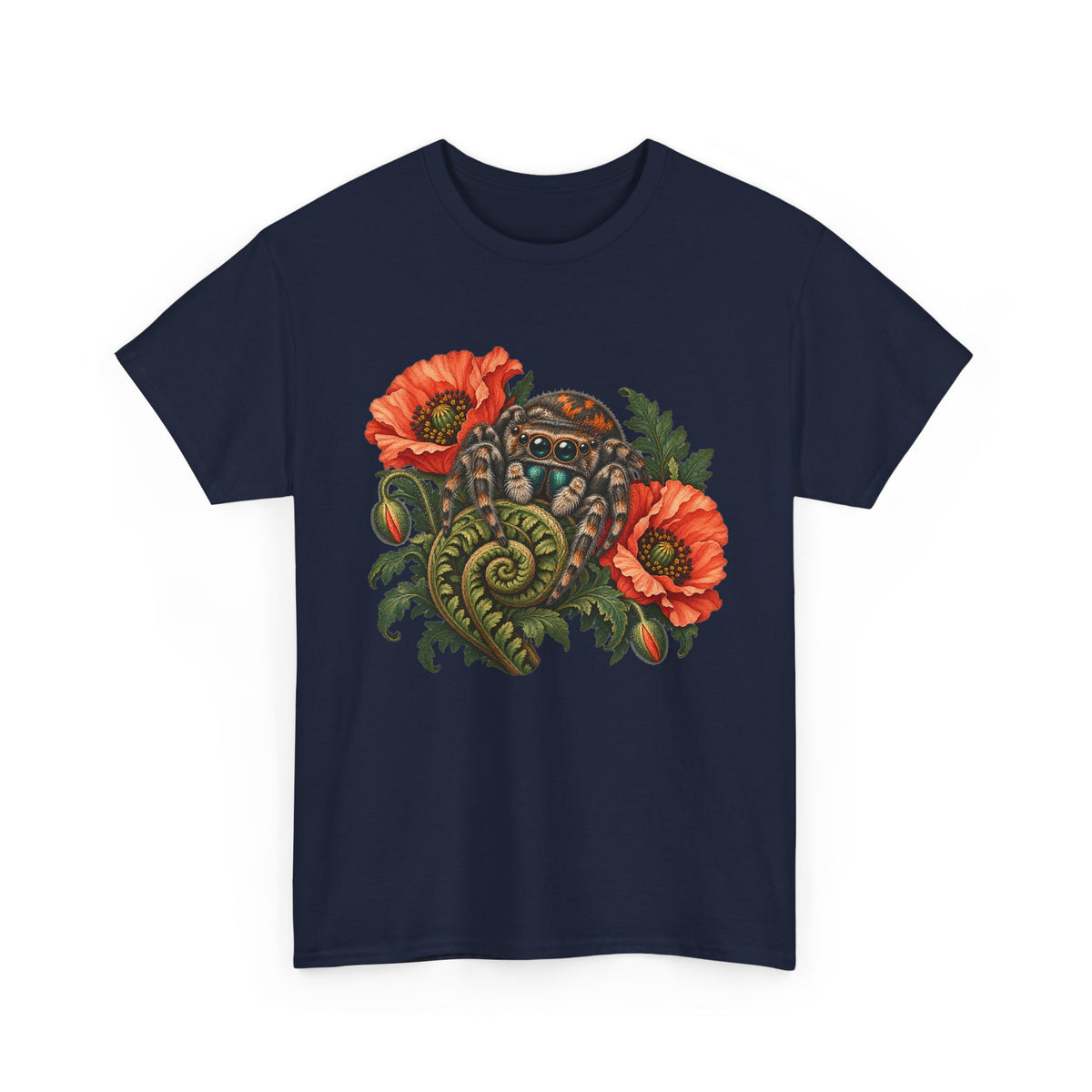 Jumping Spider Poppy Fern T-Shirt Botanical Arachnid Floral Tee