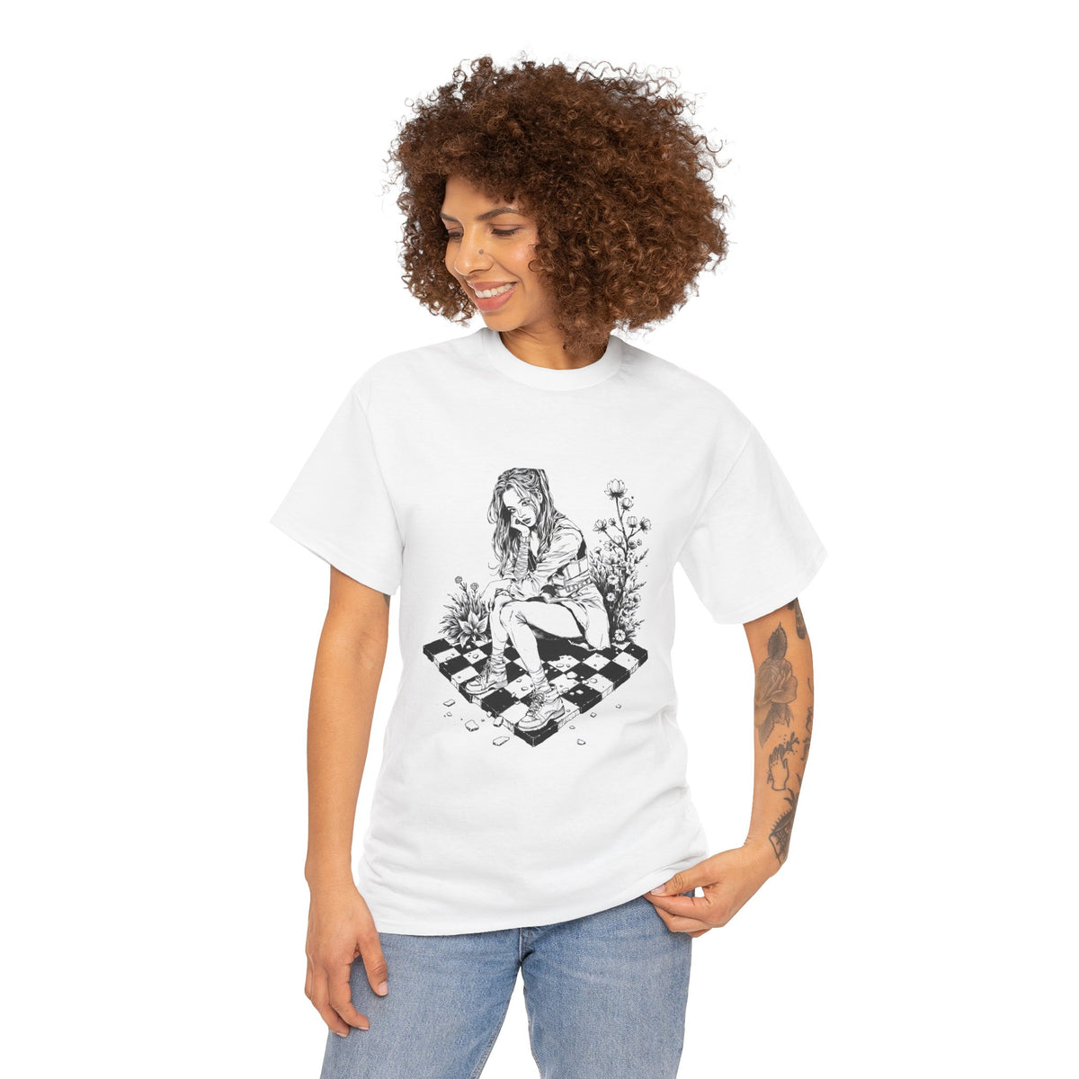 Gothic Girl Line Art Sketch Graphic Tee Unisex Heavy Cotton T-Shirt