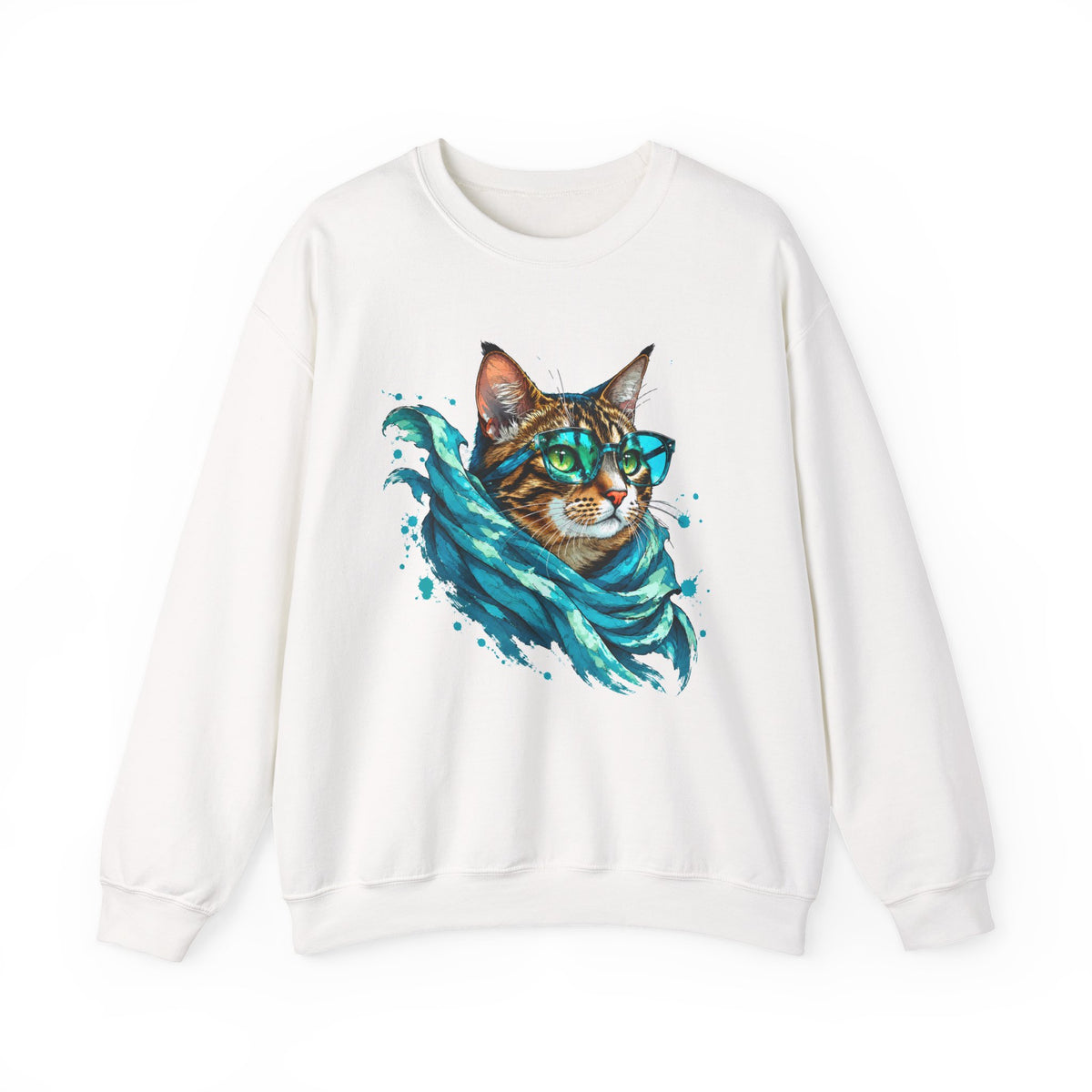 Tabby Cat in Glasses and Scarf Crewneck Sweatshirt Cool Hipster Cat Teal Splash Art