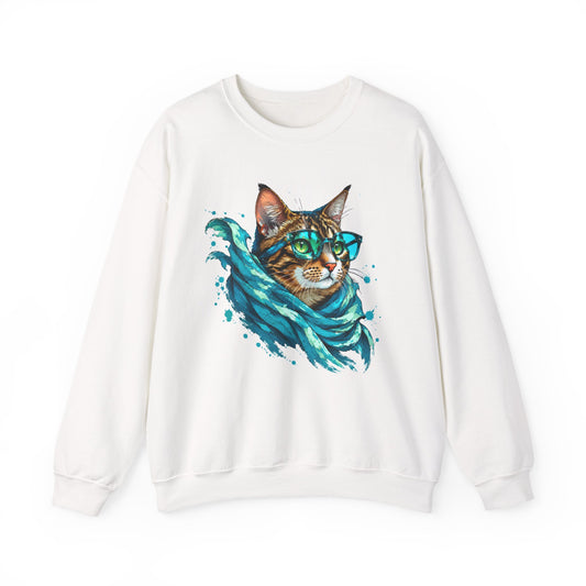 Tabby Cat in Glasses and Scarf Crewneck Sweatshirt Cool Hipster Cat Teal Splash Art