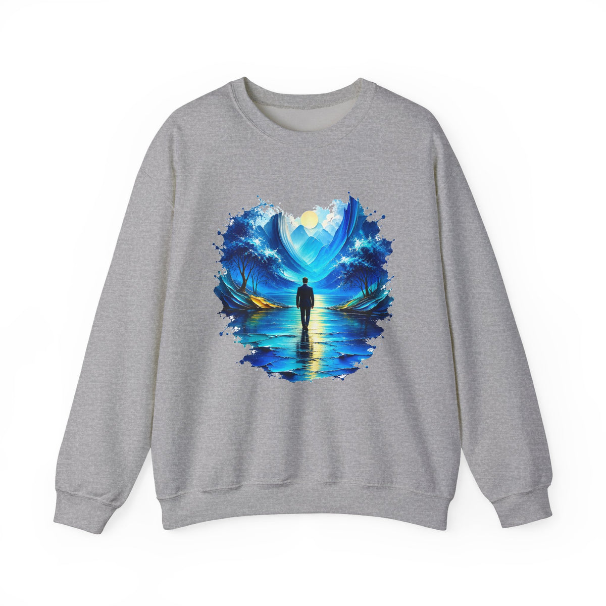 Blue Dreamscape Wanderer Crewneck Sweatshirt Man Walking on Water Toward the Sun Paint Splash Art