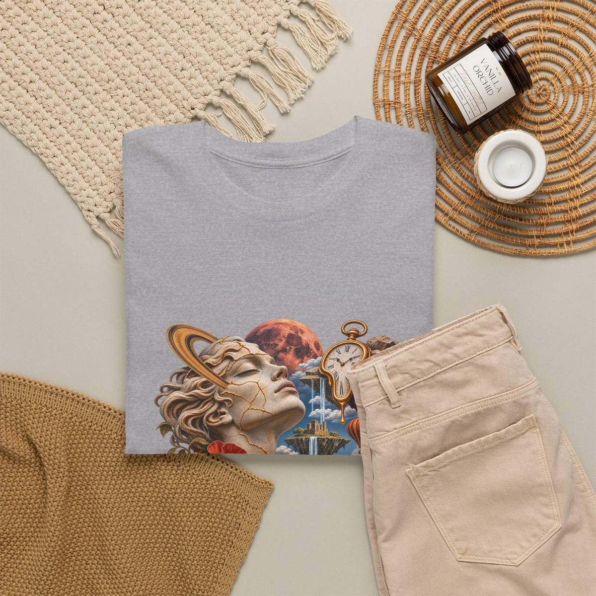 Surreal Kintsugi Bust T-Shirt Melting Clock Floating Islands Celestial Tee