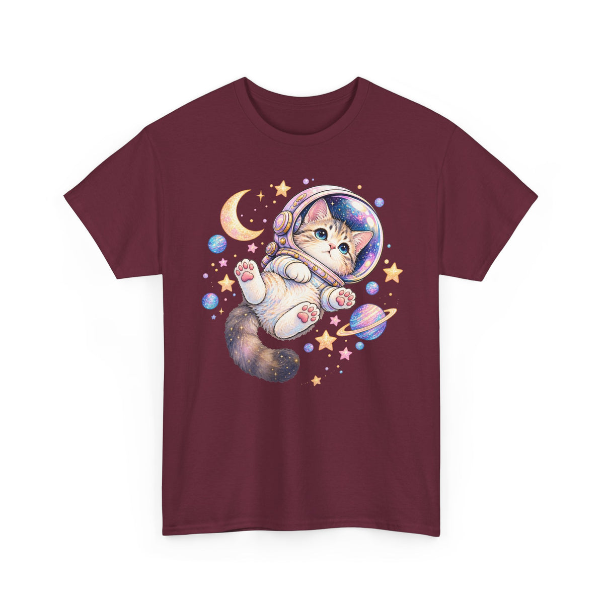 Astronaut Kitten T-Shirt, Cute Pastel Space Cat Helmet Moon Planets Stars Graphic Tee Unisex
