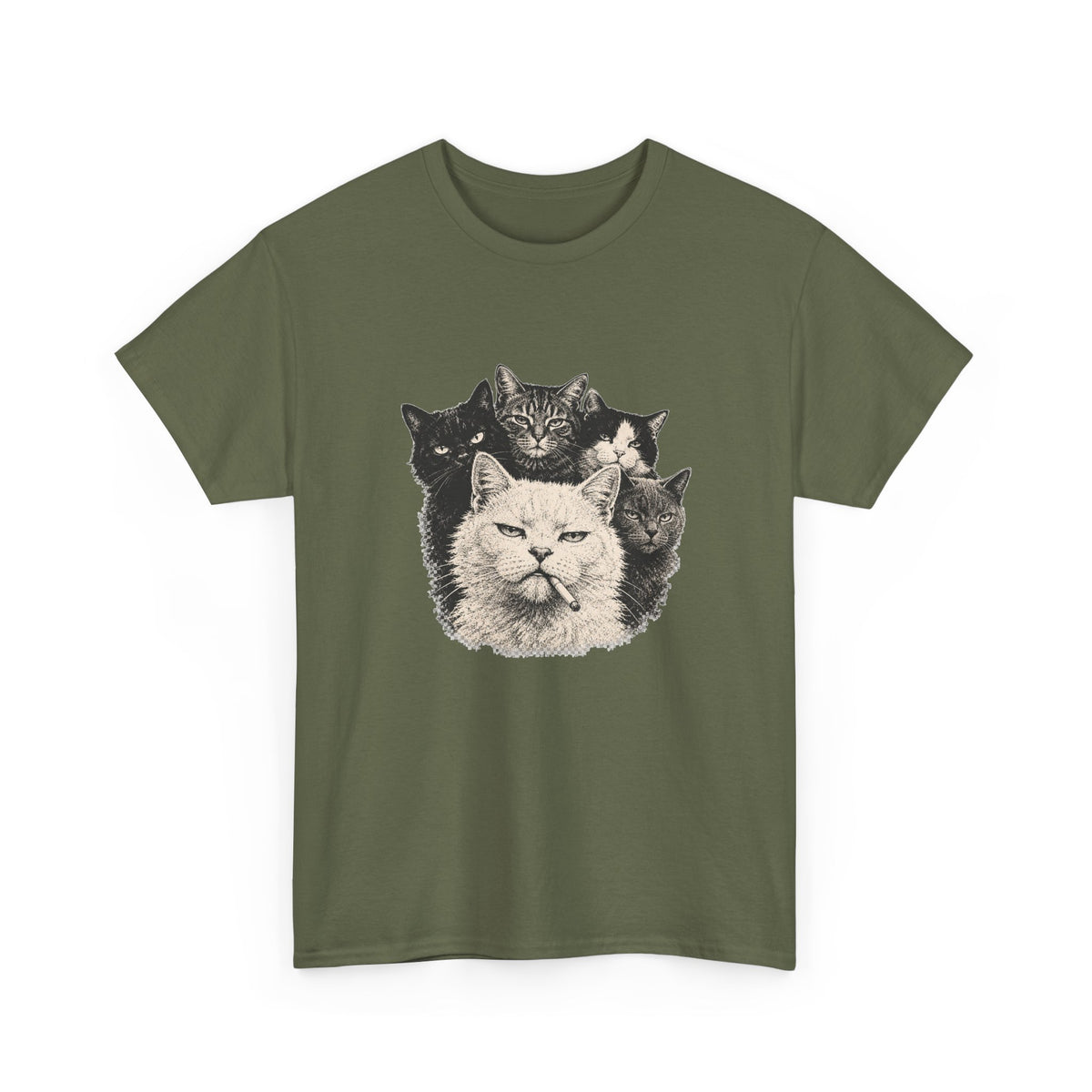 Vintage Grumpy Cats Crew T-Shirt Woodcut Smoking Cat Gang Retro Tattoo Style Tee