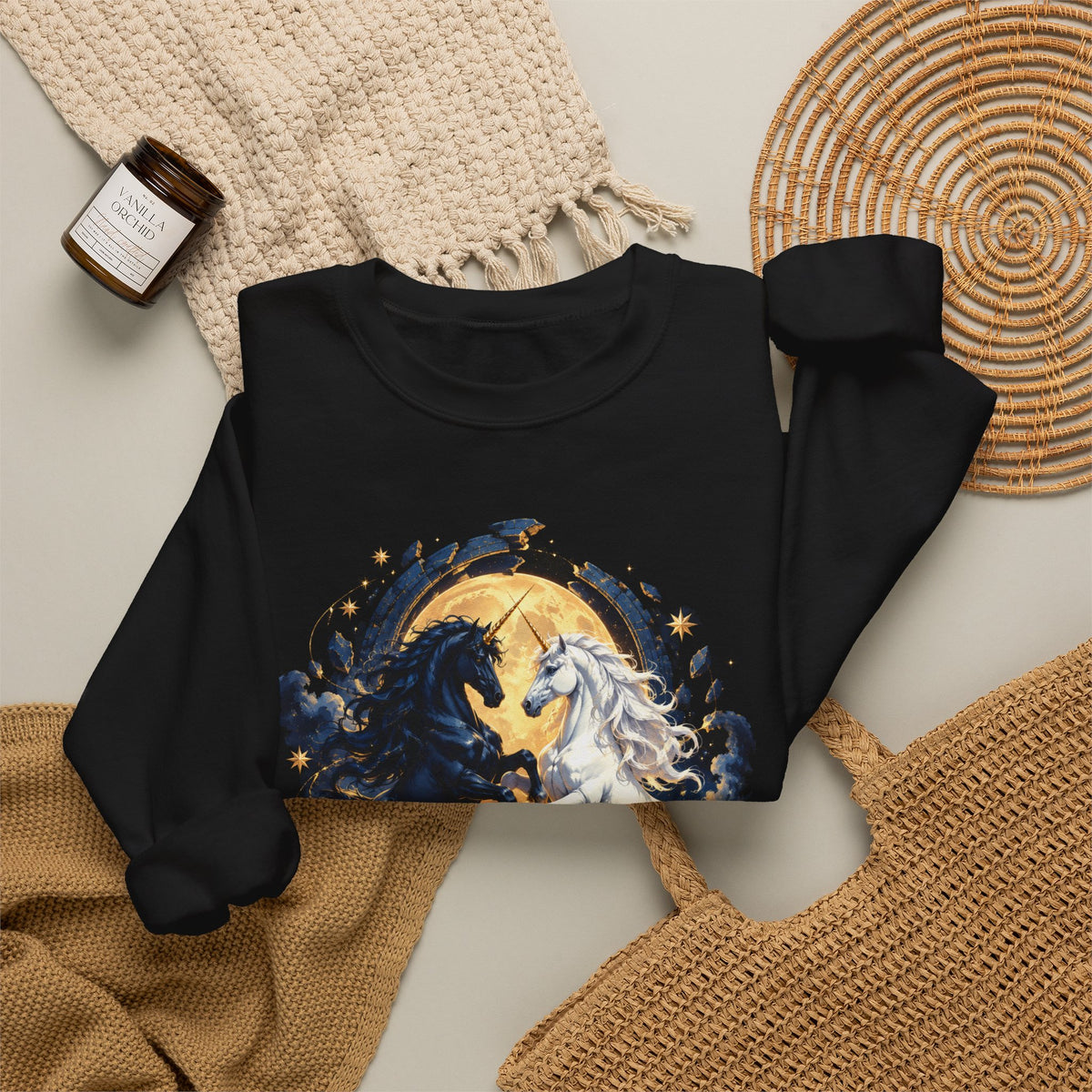 Black and White Unicorns Crewneck Sweatshirt Gold Moon Fantasy Unicorn Art
