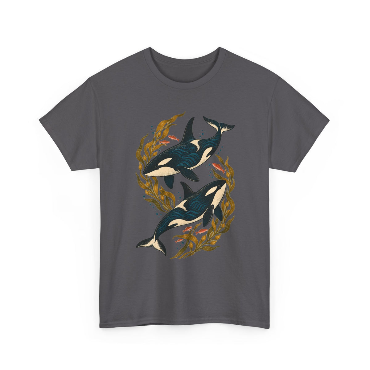 Orca Kelp Duo Tee Two Killer Whales Golden Kelp Forest Orange Fish Ocean Shirt